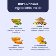 A clean layout showcasing the "Fantastic Four" of Ayurvedic eye care: Soothing Neem, cleansing Triphala, hydrating Honey, and anti-inflammatory Daru Haridra, each accompanied by its specific healing property for pet ocular hygiene.