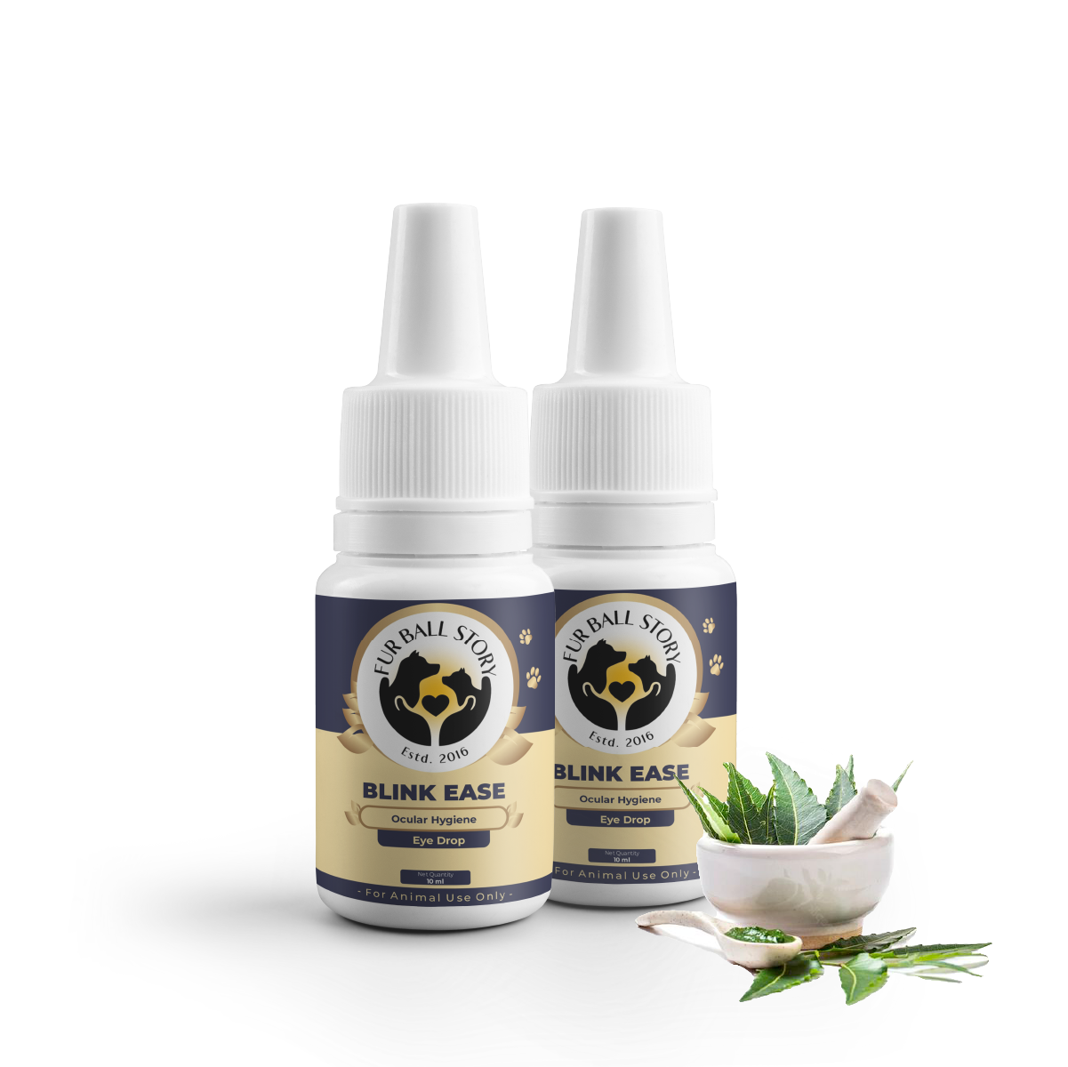 A pair of Blink Ease bottles stand side-by-side against a checkered backdrop. At their feet sits a small white bowl of crushed green herbs and fresh neem leaves, emphasizing the "farm-to-bottle" Ayurvedic philosophy.