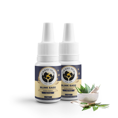 A pair of Blink Ease bottles stand side-by-side against a checkered backdrop. At their feet sits a small white bowl of crushed green herbs and fresh neem leaves, emphasizing the "farm-to-bottle" Ayurvedic philosophy.