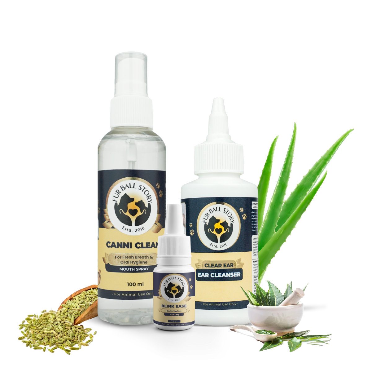 The "Fur Ball Story" hygiene family gathered together: Canni Clean mouth spray, Clear Ear cleanser, and Blink Ease eye drops. They are flanked by raw ingredients like fennel seeds and towering aloe vera leaves, representing a complete natural wellness toolkit for pets.