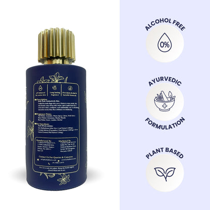 A product infographic showcasing the back of the Furmist bottle alongside three clean icons. The text highlights a "0% Alcohol," "Ayurvedic Formulation," and "Plant Based" composition, emphasizing a bridge between traditional herbal wisdom and safe pet care.