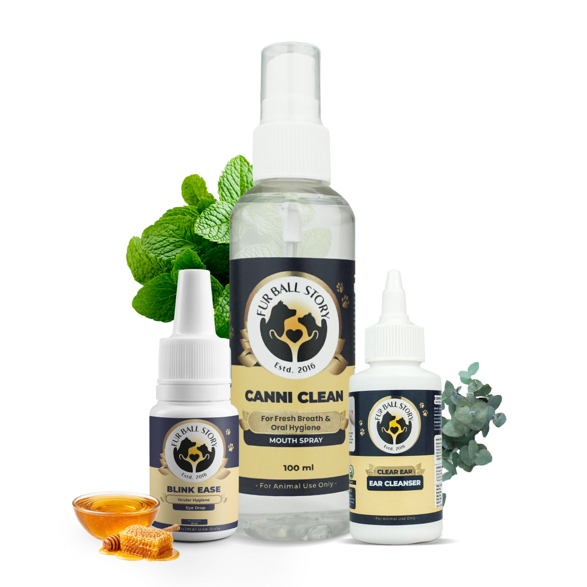 The Fur Ball Story Essential Grooming Kit provides a complete Ayurvedic pet care solution, featuring specialized formulas for fresh breath, clear eyes, and clean ears to ensure your pet's holistic hygiene.