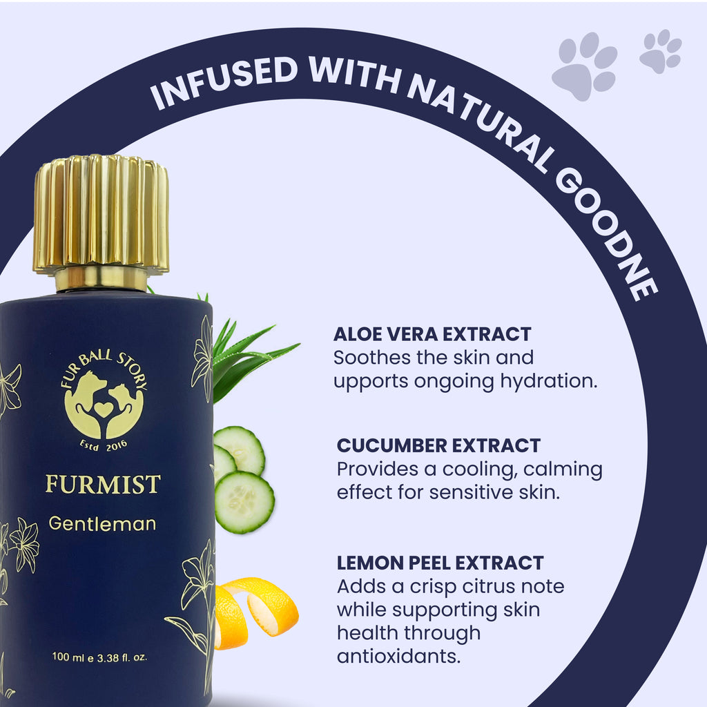 A botanical breakdown showing the Furmist bottle surrounded by slices of cucumber and lemon peels. It details the benefits of Aloe Vera for hydration, Cucumber for cooling sensitive skin, and Lemon Peel for antioxidant-rich skin health.