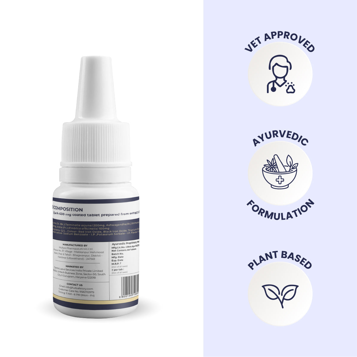 The back of a Blink Ease bottle is shown alongside three circular stamps of quality: a stethoscope for "Vet Approved," a mortar and pestle for "Ayurvedic Formulation," and a leaf for its 100% "Plant-Based" soul.