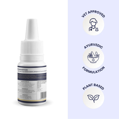 The back of a Blink Ease bottle is shown alongside three circular stamps of quality: a stethoscope for "Vet Approved," a mortar and pestle for "Ayurvedic Formulation," and a leaf for its 100% "Plant-Based" soul.