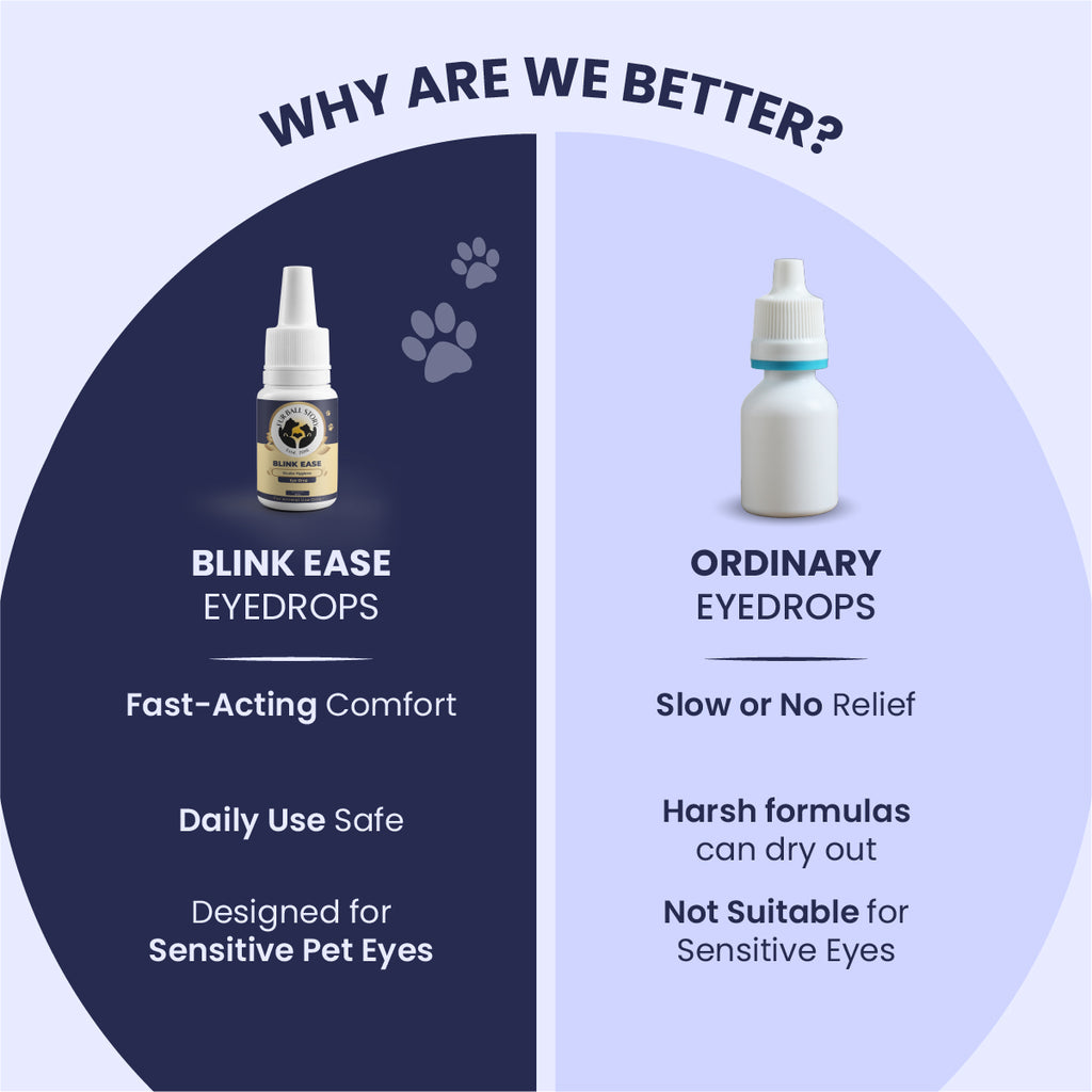 A split-screen infographic pitting Blink Ease against "Ordinary Eyedrops." While the competitor is labeled as harsh and slow, Blink Ease shines as a fast-acting, daily-safe formula specifically engineered for the delicate nature of pet eyes.