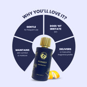 A circular diagram summarizing the product's core benefits: its non-irritating nature, frequent-use safety, skin moisture maintenance, and its signature masculine fragrance profile for well-groomed pets.