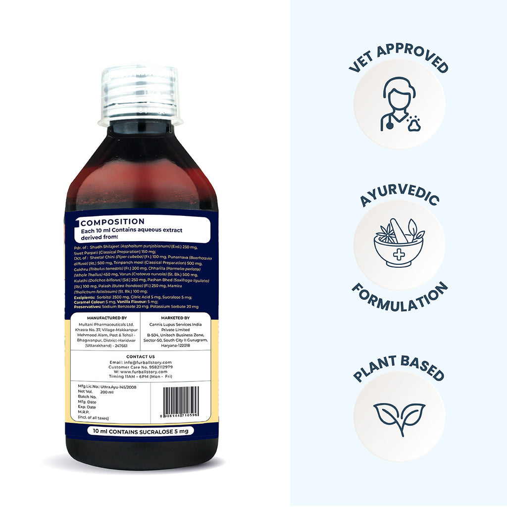 The back view of the 200ml bottle reveals a dense Ayurvedic aqueous extract profile. Side badges reinforce the product's credibility as a "Vet Approved," plant-based formulation rooted in traditional herbal science.