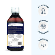 The back view of the 200ml bottle reveals a dense Ayurvedic aqueous extract profile. Side badges reinforce the product's credibility as a "Vet Approved," plant-based formulation rooted in traditional herbal science.