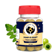 Studio cutout of the Jump-O-Joint 60-tablets bottle on a transparent grid background, flanked by green leaves and a cut amla fruit.