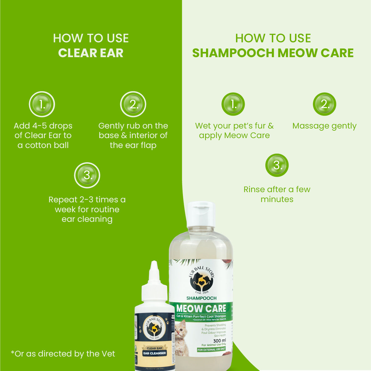 Step-by-step instructions showing how to apply Clear Ear cleanser and Meow Care shampoo on pets.