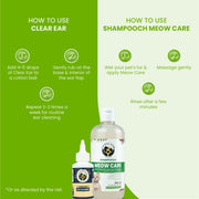 Step-by-step instructions showing how to apply Clear Ear cleanser and Meow Care shampoo on pets.