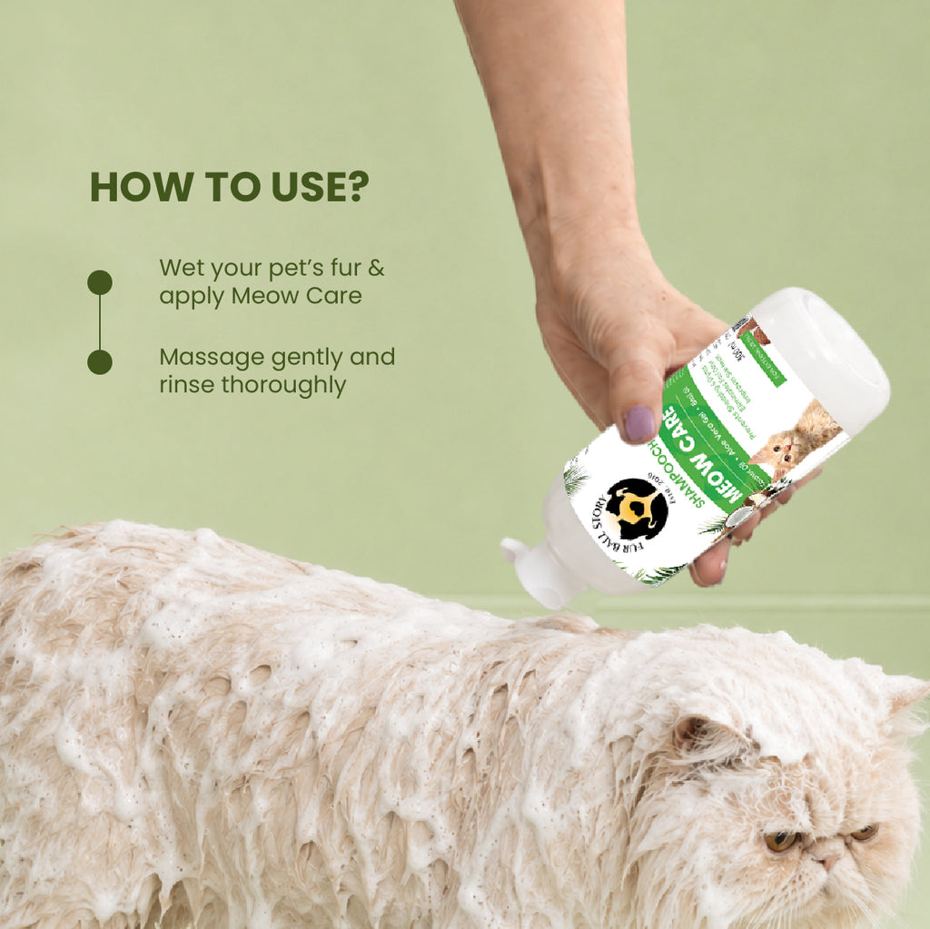 A person's hand pouring Meow Care shampoo onto a lathered, sudsy white cat during a bath, with simple two-step usage directions.