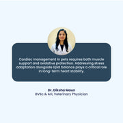 A testimonial from Veterinary Physician Dr. Diksha Maun, who explains that long-term pet heart stability requires a balance of muscle support and stress adaptation. Her professional insight bridges the gap between traditional herbal wisdom and modern clinical cardiac care.