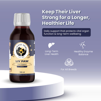 Product display of Liv Paw Syrup emphasizing long-term liver health, healthy enzyme balance, and suitability for all dog breeds.