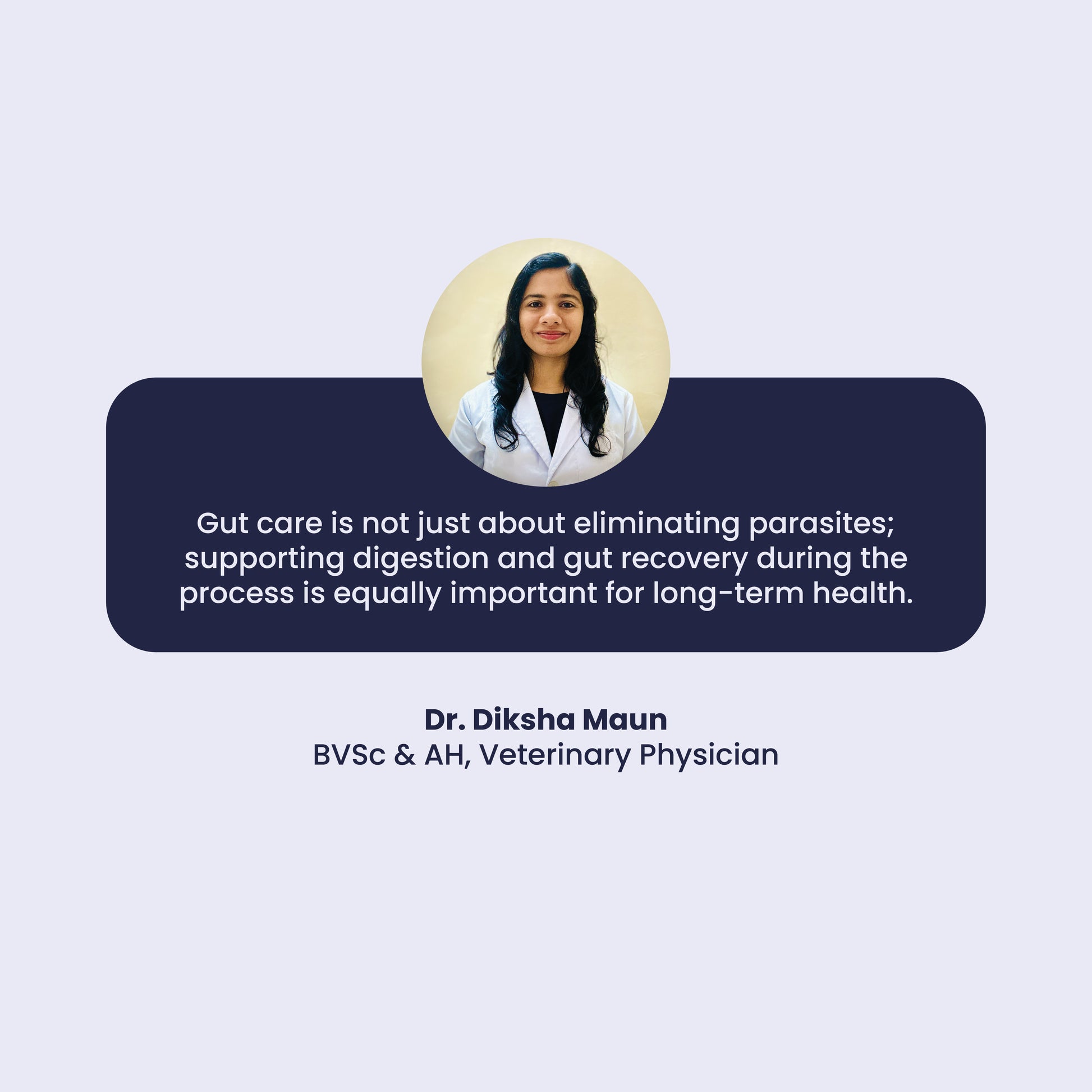 A professional quote from Veterinary Physician Dr. Diksha Maun emphasizing the long-term importance of gut care and digestive recovery alongside parasite elimination.