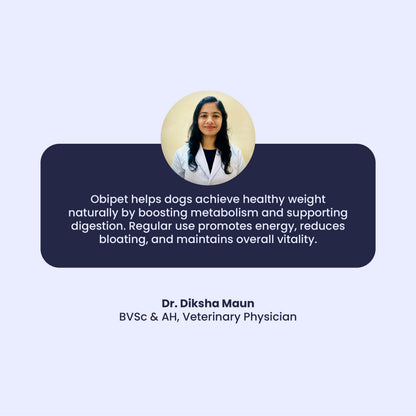 A testimonial from Dr. Diksha Maun, a veterinary physician, recommending Obipet for healthy weight and digestion.