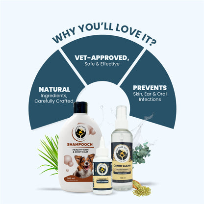 Graphic titled "WHY YOU'LL LOVE IT?" showcasing three key benefits: Vet-Approved, Natural Ingredients, and Prevents Infections, arranged above the Fur Ball Story product trio.
