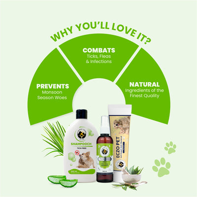 Infographic showing the combo combats ticks, fleas, and infections, prevents monsoon season woes, and uses premium natural ingredients.