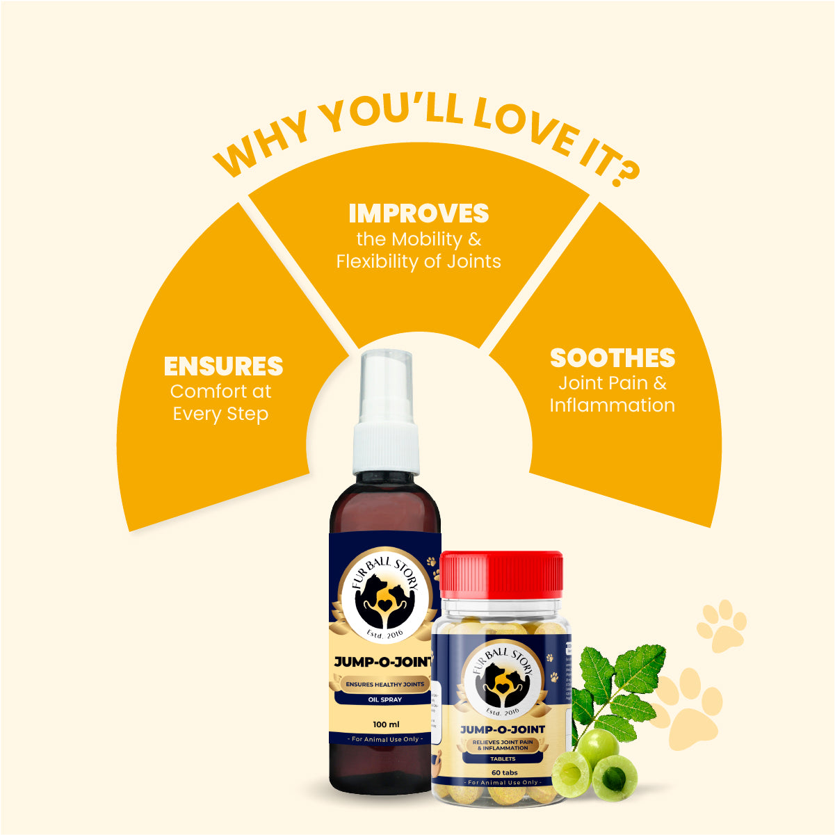 Infographic displaying the oil spray and tablet bottle against a yellow semi-circle layout highlighting three main benefits: improves joint mobility, ensures comfort at every step, and soothes joint pain.