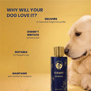 A golden retriever sitting next to the Furmist bottle with text callouts explaining that the masculine fragrance profile maintains skin comfort and moisture without irritation.