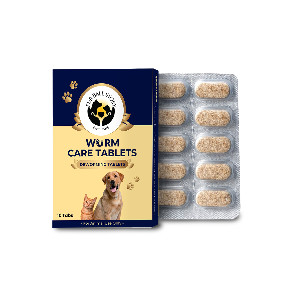 A product presentation featuring a navy blue and beige "Worm Care Tablets" box with images of a cat and dog, placed next to an open blister pack of 10 speckled tan tablets on a textured grey surface.