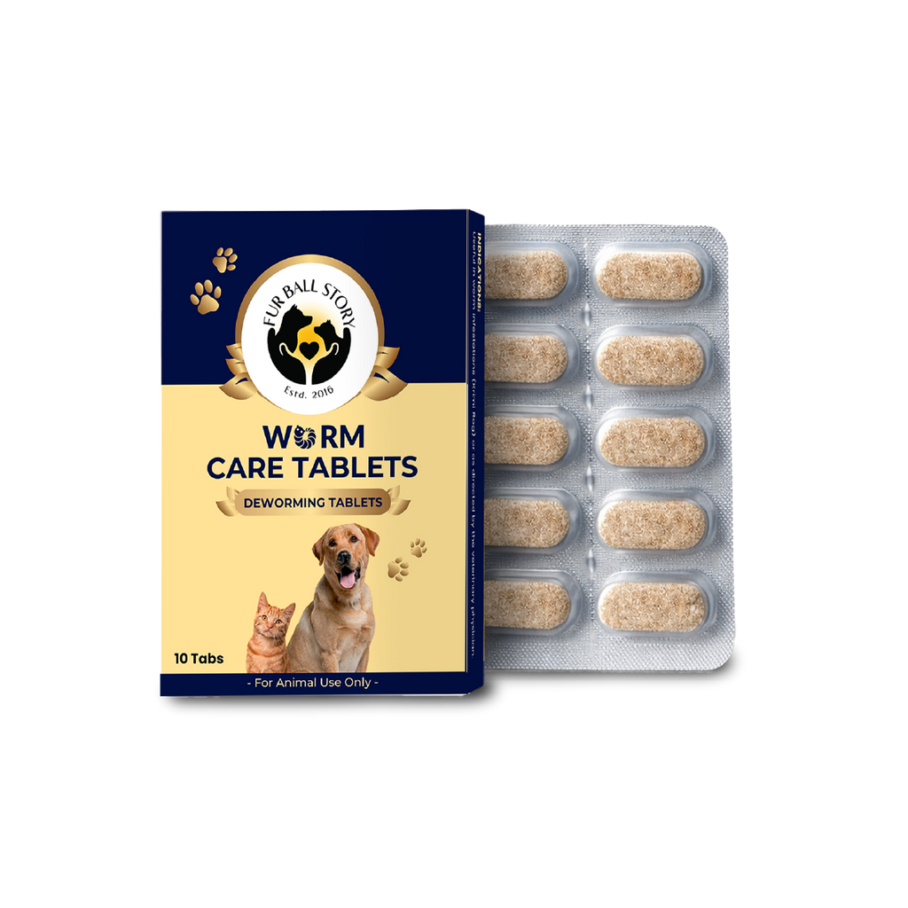 A product presentation featuring a navy blue and beige "Worm Care Tablets" box with images of a cat and dog, placed next to an open blister pack of 10 speckled tan tablets on a textured grey surface.