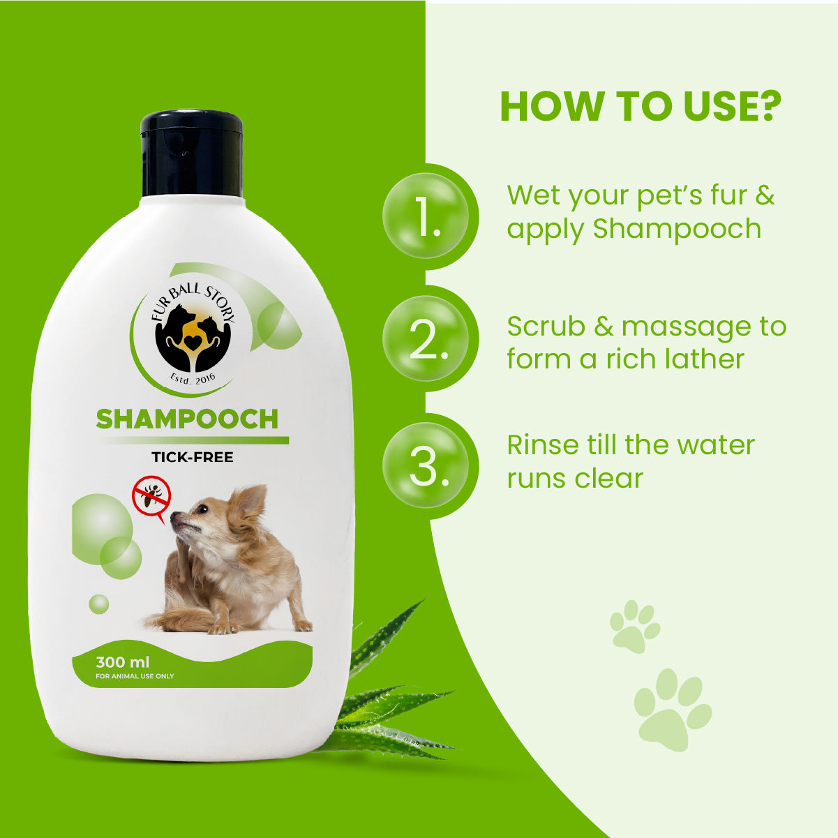 Three-step visual guide on how to use Shampooch: wet fur and apply, scrub to form a rich lather, and rinse until the water runs clear.