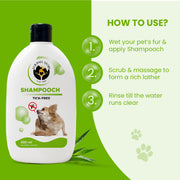 Three-step visual guide on how to use Shampooch: wet fur and apply, scrub to form a rich lather, and rinse until the water runs clear.