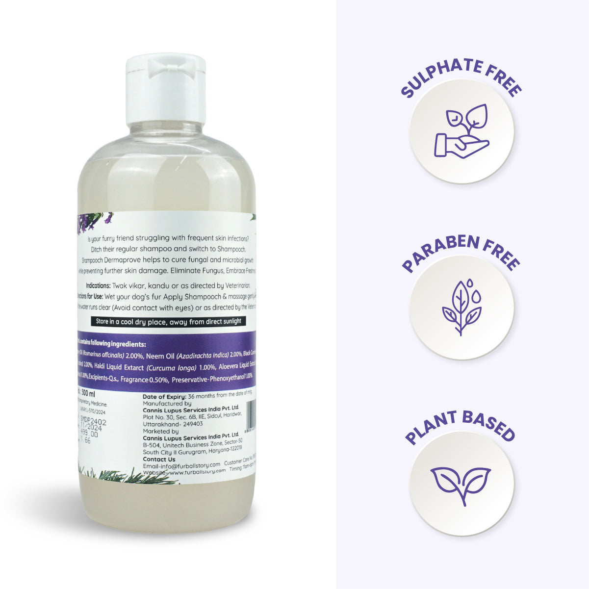 Rear view of the Dermaprove shampoo bottle showing the ingredients list and manufacturing details, with icons highlighting it as sulphate-free, paraben-free, and plant-based.