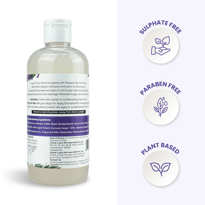 Rear view of the Dermaprove shampoo bottle showing the ingredients list and manufacturing details, with icons highlighting it as sulphate-free, paraben-free, and plant-based.