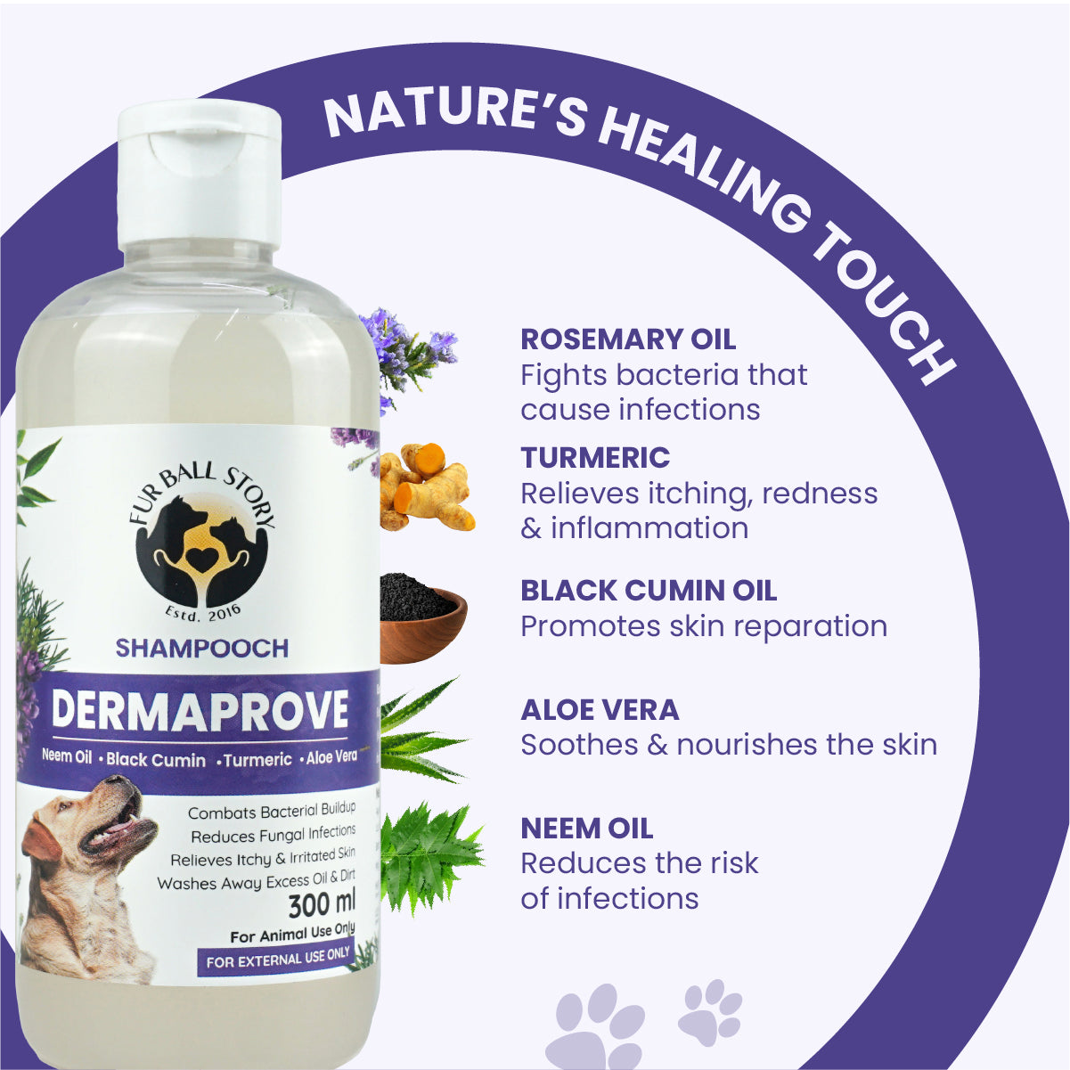 Product graphic highlighting the natural ingredients of Dermaprove shampoo, including rosemary oil, turmeric, black cumin oil, aloe vera, and neem oil.