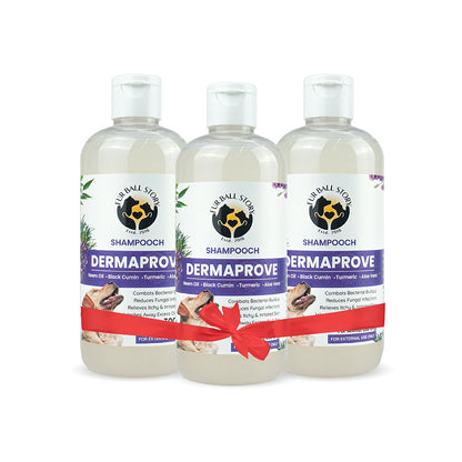 Three bottles of Fur Ball Story Shampooch Dermaprove dog shampoo bundled together with a red gift ribbon.