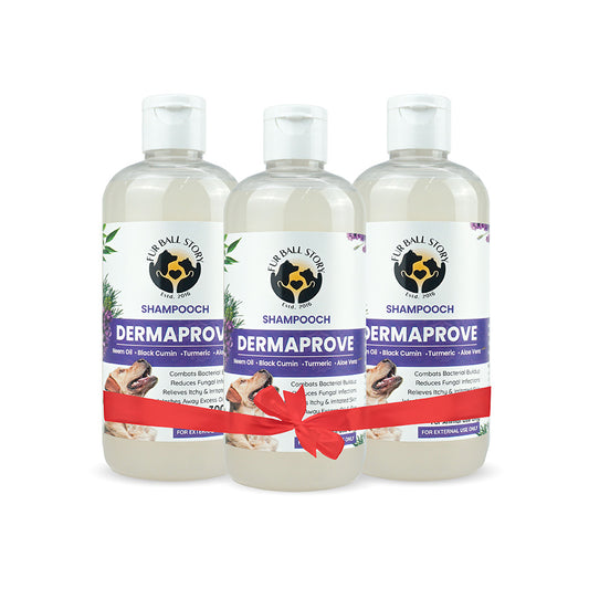 Three bottles of Fur Ball Story Shampooch Dermaprove dog shampoo bundled together with a red gift ribbon.