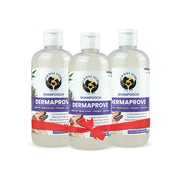 Three bottles of Fur Ball Story Shampooch Dermaprove dog shampoo bundled together with a red gift ribbon.