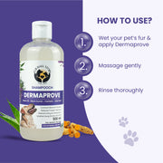 A three-step visual guide on how to use Dermaprove shampoo: wet fur and apply, massage gently, and rinse thoroughly.