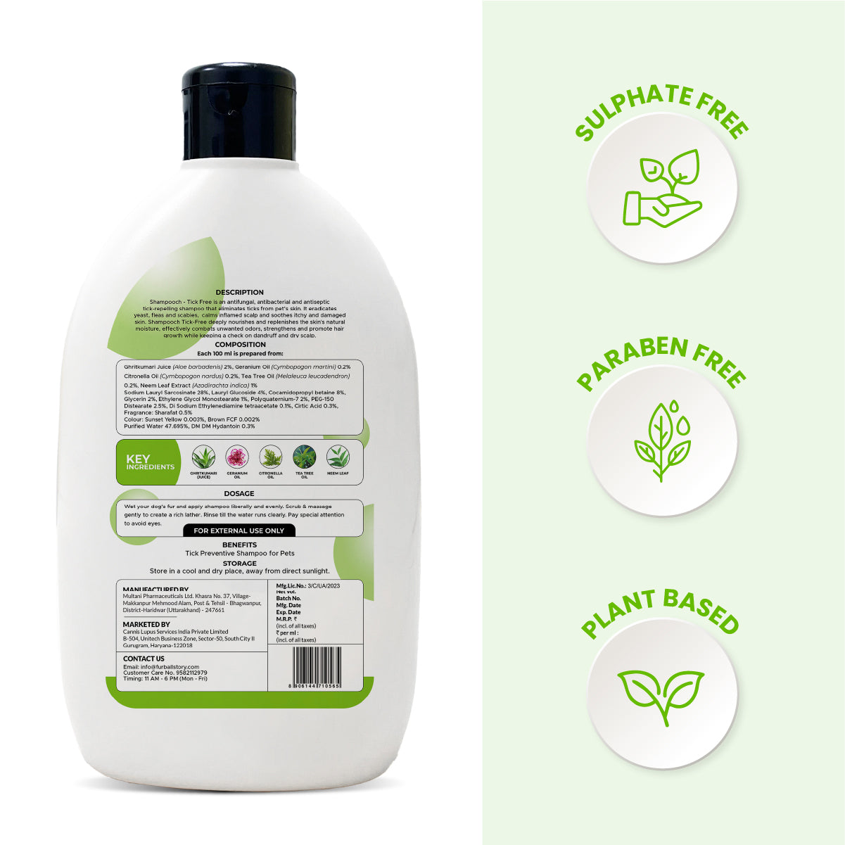 Back view of the Shampooch bottle showing product description and ingredients, next to icons labeling it as sulphate-free, paraben-free, and plant-based.