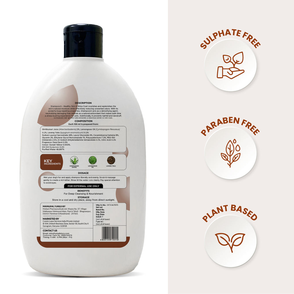 The back label of a Shampooch bottle detailing composition, dosage, and manufacturer info, alongside icons for Sulphate Free, Paraben Free, and Plant Based certifications.