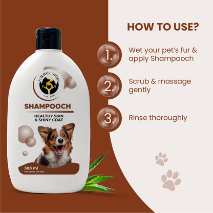 A 3-step guide on how to use Shampooch: 1. Wet fur and apply, 2. Scrub and massage gently, 3. Rinse thoroughly.