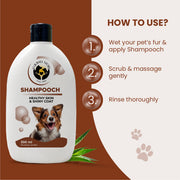 A 3-step guide on how to use Shampooch: 1. Wet fur and apply, 2. Scrub and massage gently, 3. Rinse thoroughly.