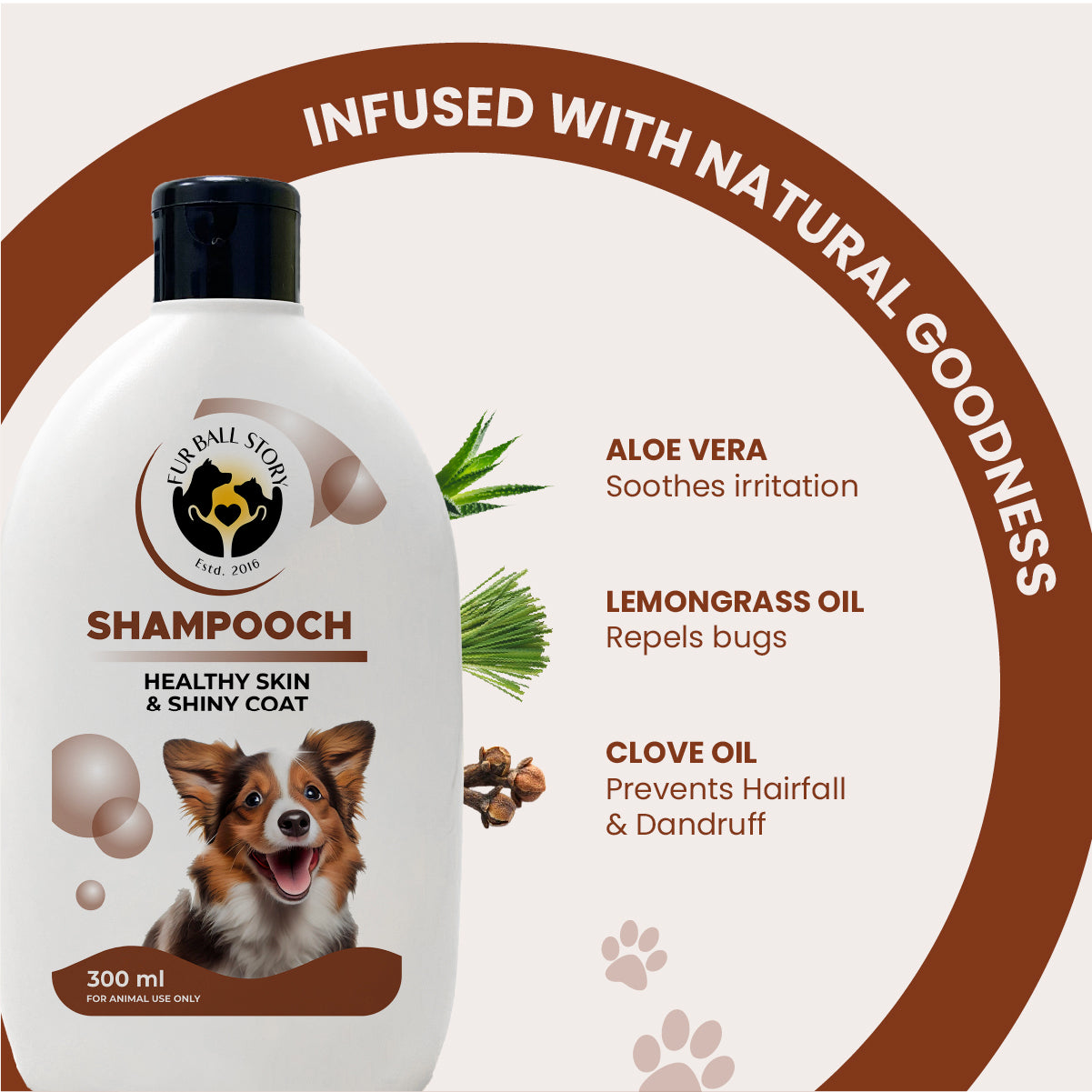 An infographic showing Shampooch’s key natural ingredients: Aloe Vera to soothe irritation, Lemongrass Oil to repel bugs, and Clove Oil to prevent hairfall.